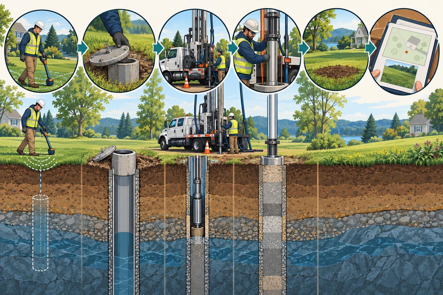 A professional well-closure project from locating and assessing an unused well through qualified closure work and a final property record.