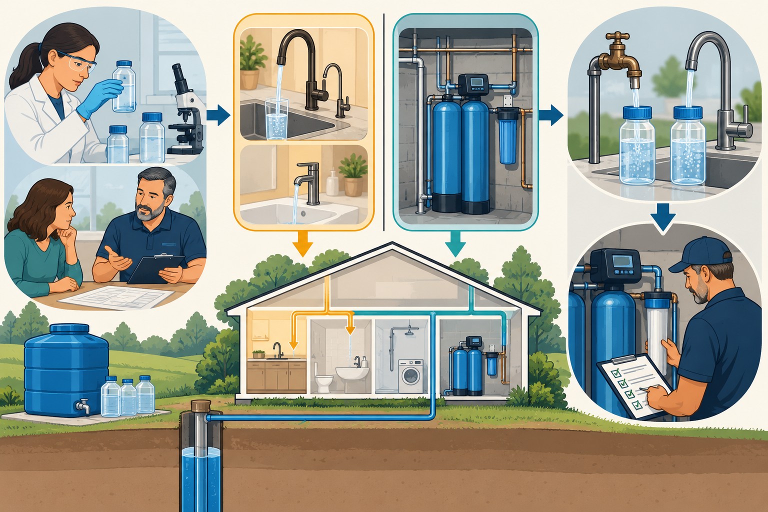 A lab result and professional consultation lead to a defined point-of-use or whole-house treatment boundary, followed by inlet and outlet verification.