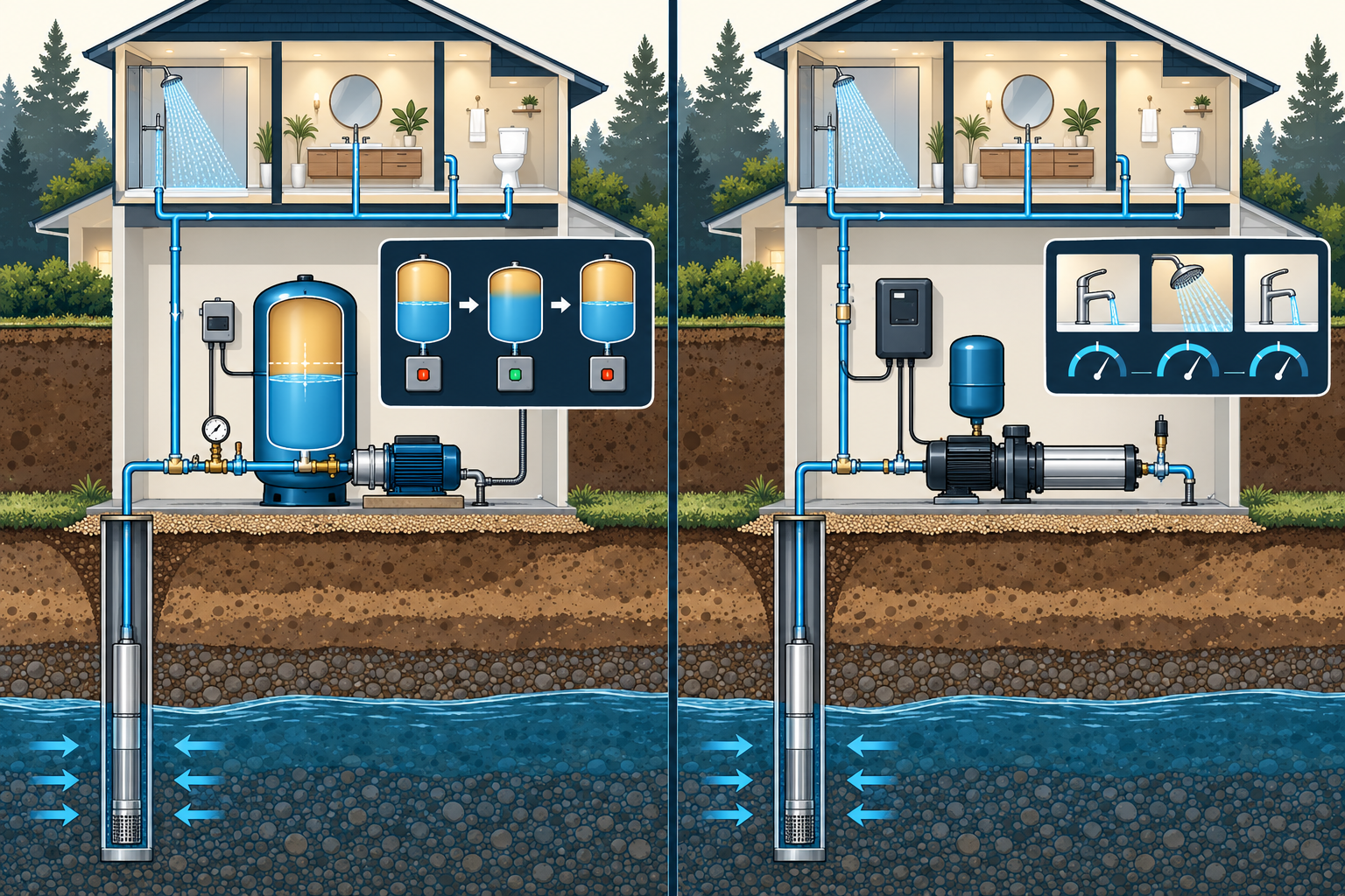 Conventional pump cycling compared with variable-speed pressure control; both rely on the same finite well yield.