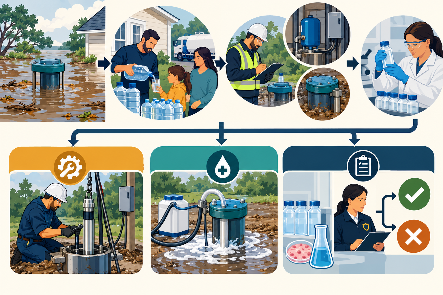 Flood recovery stages include temporary water, qualified well and equipment assessment, event-selected sampling, indicated repair or disinfection, and follow-up under local authority guidance.