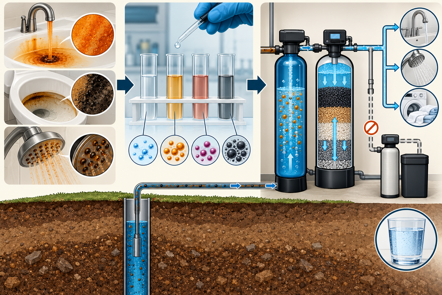 Staining leads to a water sample and chemistry-specific design, with optional oxidation and filtration stages and a separate conditional softener path.