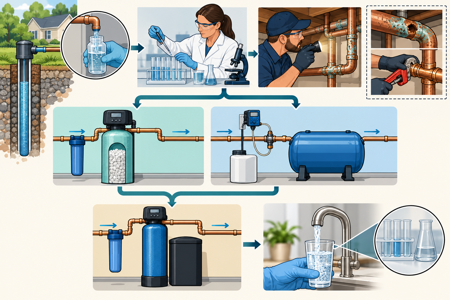 Raw-water testing and corrosion assessment inform a choice between neutralizing media and chemical feed, with possible downstream softening and separate pipe repair.