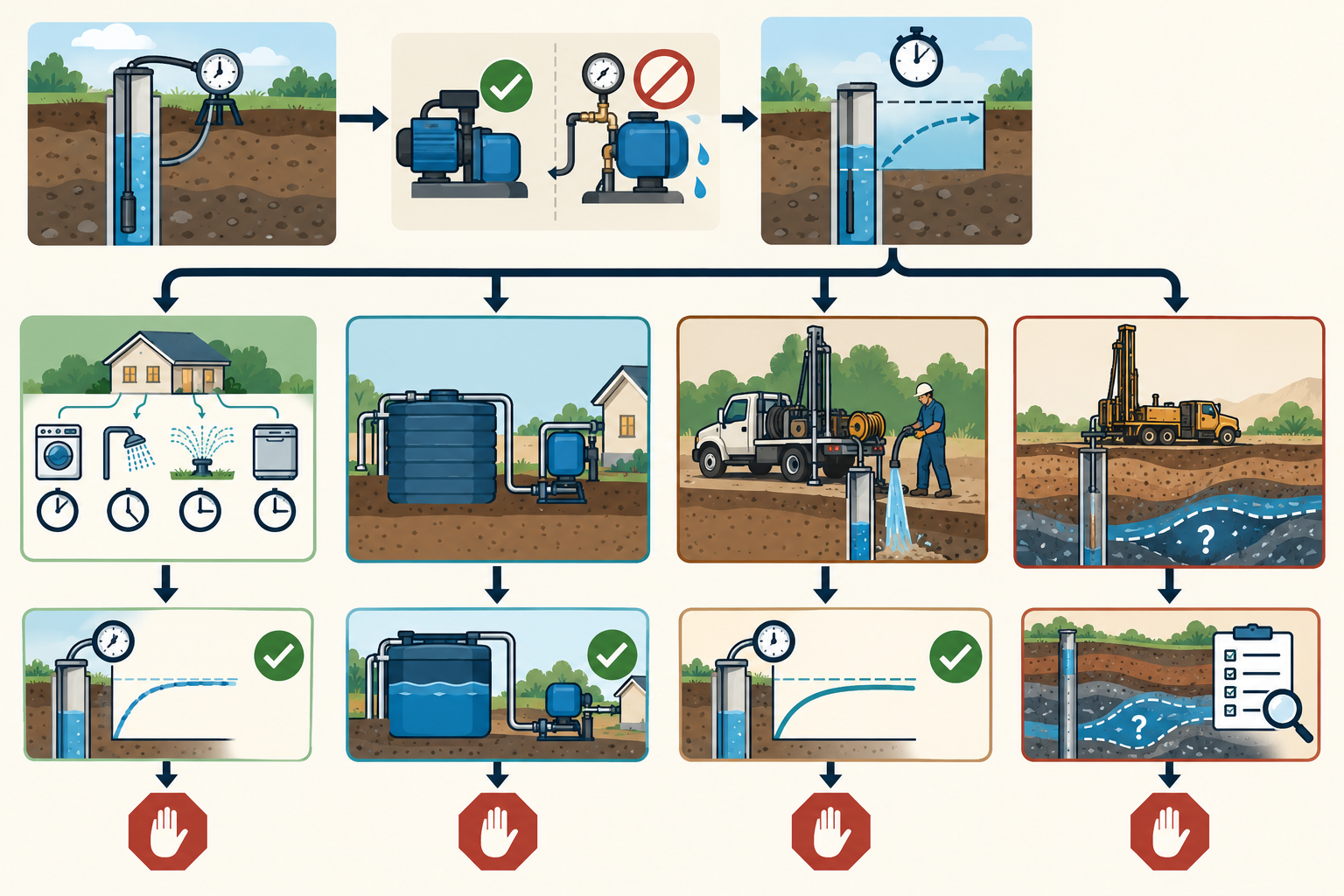 Measured production and recovery lead to distinct low-yield options: demand scheduling, storage, rehabilitation, or uncertain deepening and replacement drilling.