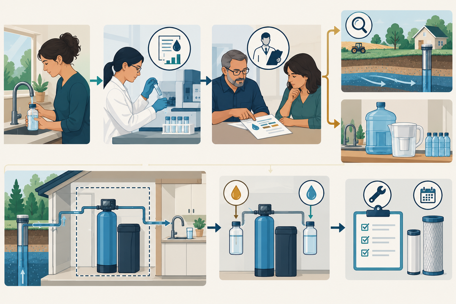 Confirmatory testing and authority interpretation lead through source investigation or interim water to a defined treatment scope and verification plan.