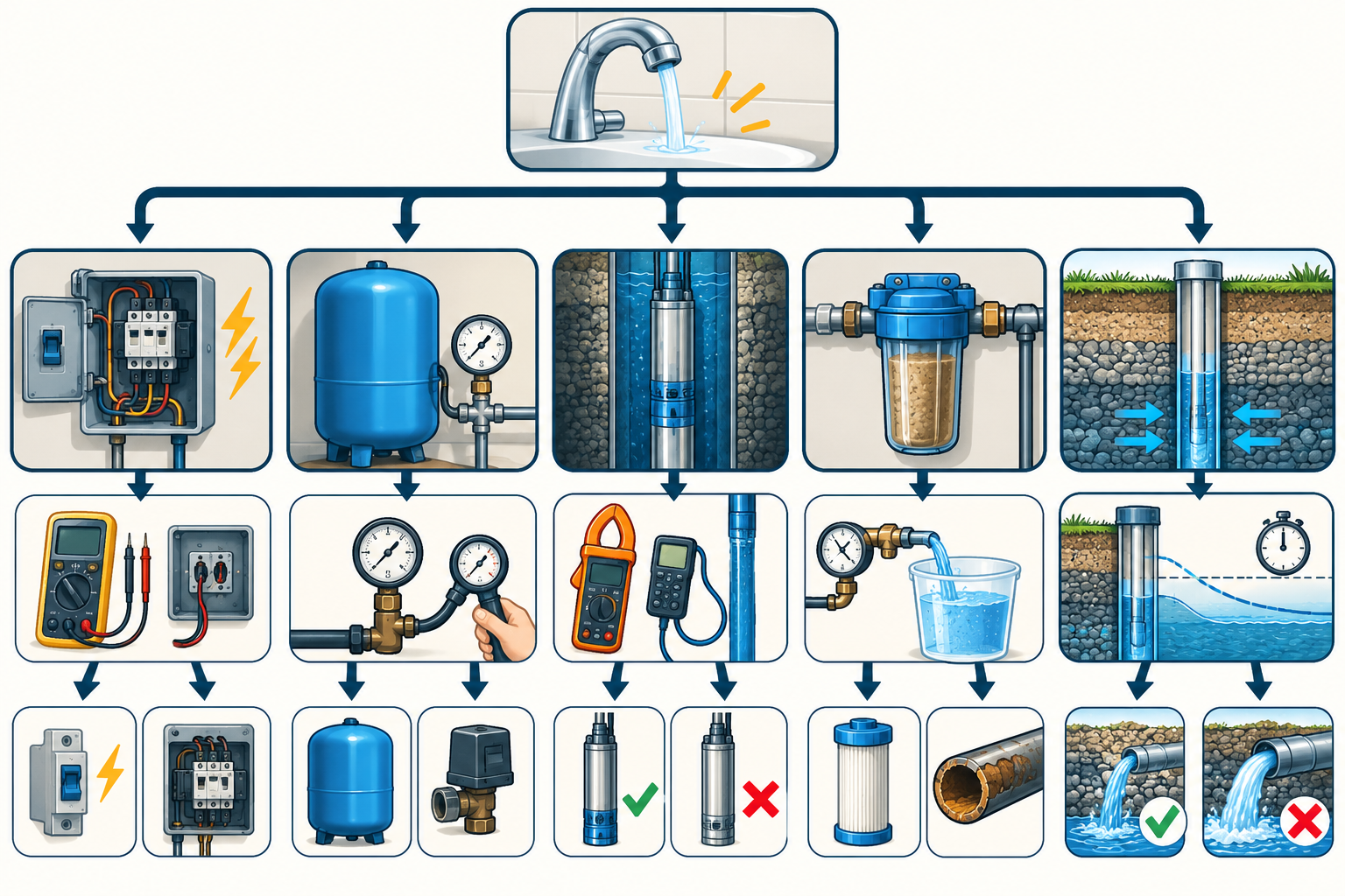 Diagnostic branches for a well supply complaint: controls, pressure tank, pump, restriction, or source yield, with professional assessment before choosing repairs.