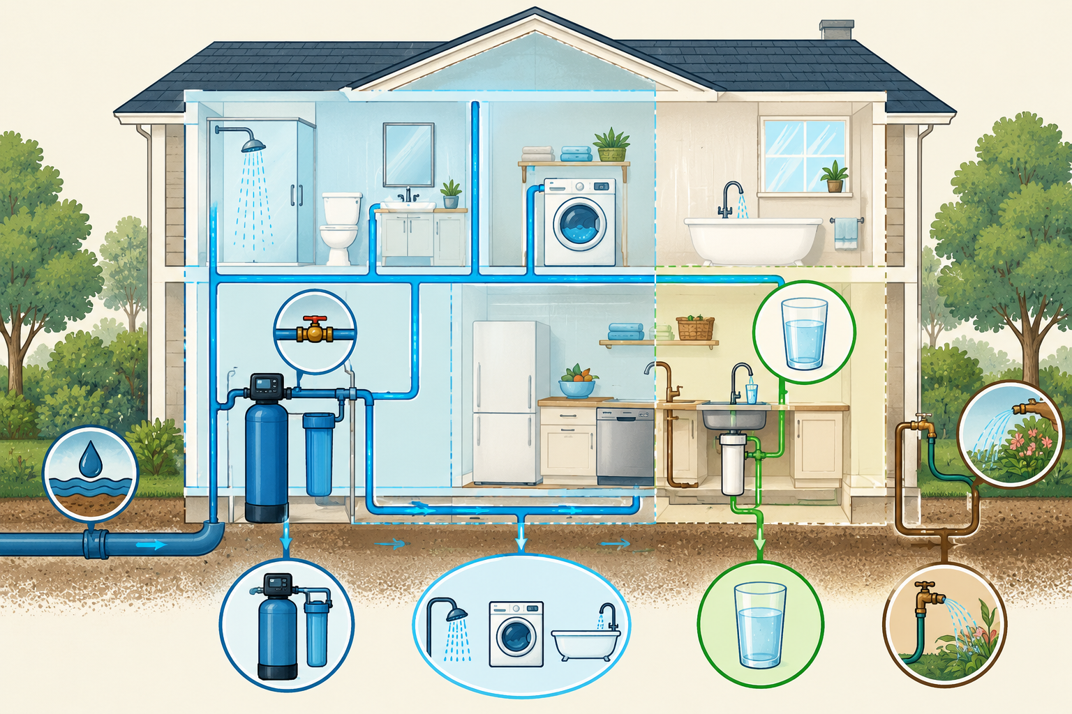 House plumbing coverage comparison: one under-sink drinking-water outlet versus treatment at the incoming line before water reaches multiple fixtures.