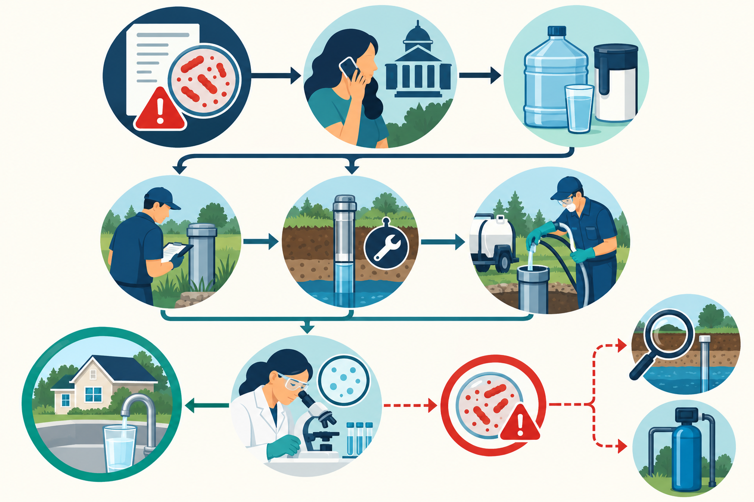 A positive lab result leads to authority advice and temporary water, qualified source assessment, directed corrective work, and follow-up testing; recurrence prompts a separate next-step branch.
