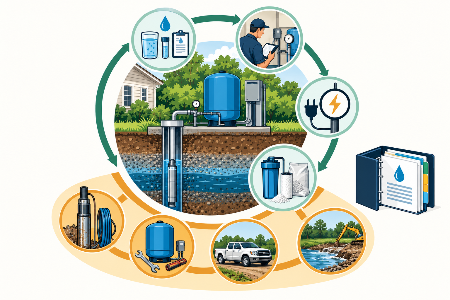 Recurring testing, inspection, energy, and treatment costs surround a separate reserve for lumpy repairs, emergency access, and source work.