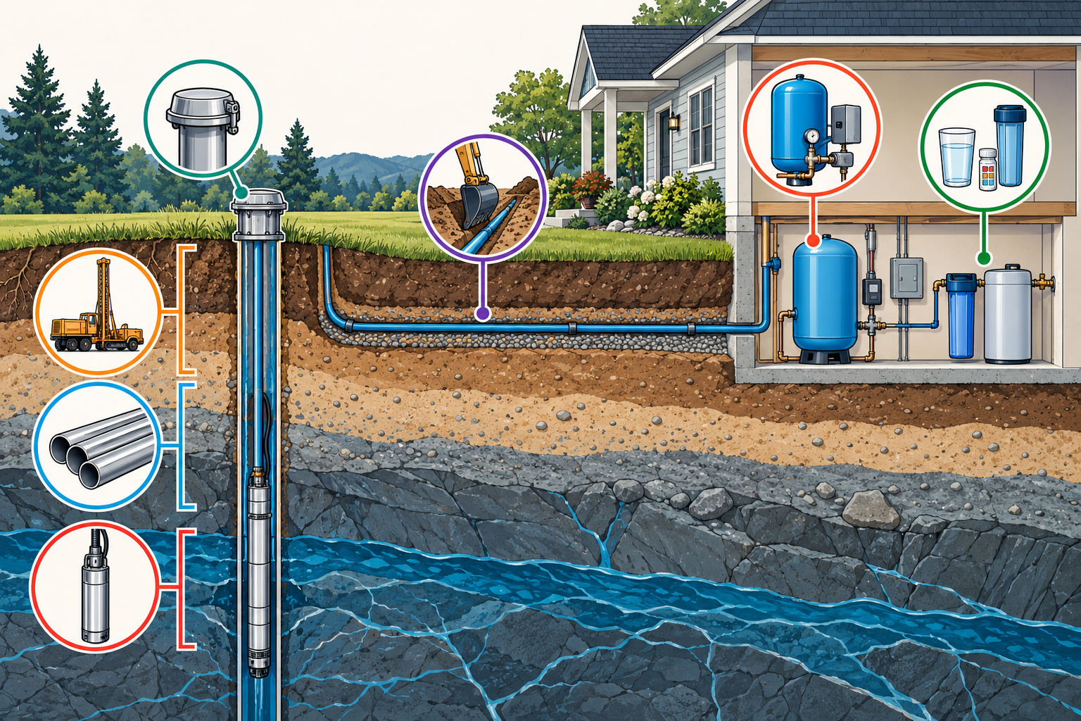 Conceptual cutaway showing well drilling and completion, pump and pressure equipment, the house connection, and testing or treatment as distinct parts of a private-well project budget.