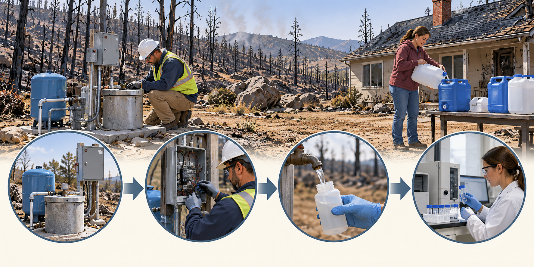 Professional wildfire recovery sequence showing well and electrical assessment, temporary water, a water sample, and laboratory testing.