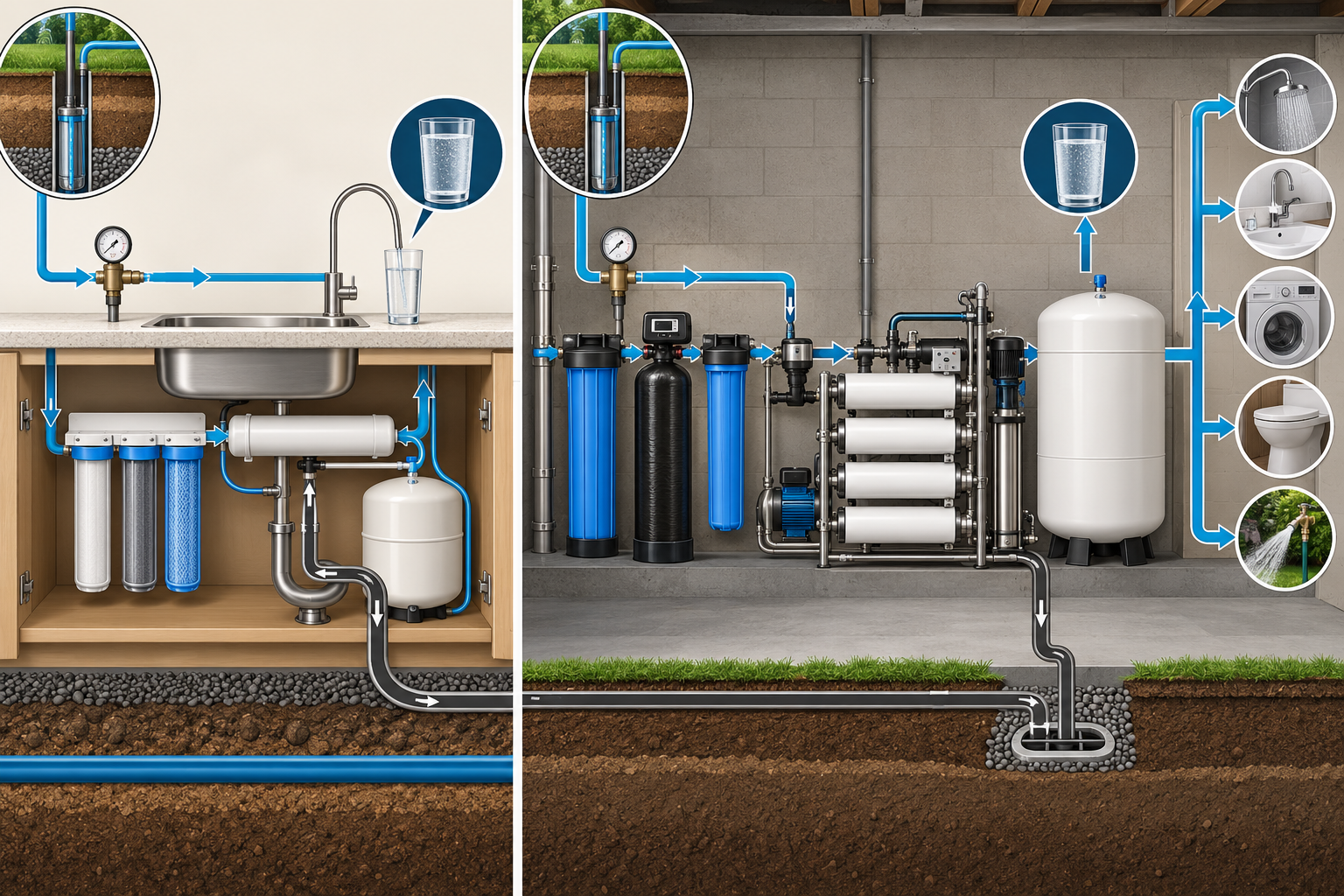 Under-sink reverse osmosis with a small storage tank and dedicated faucet compared with a larger whole-house system requiring pretreatment, booster capacity, and a reject-water route.