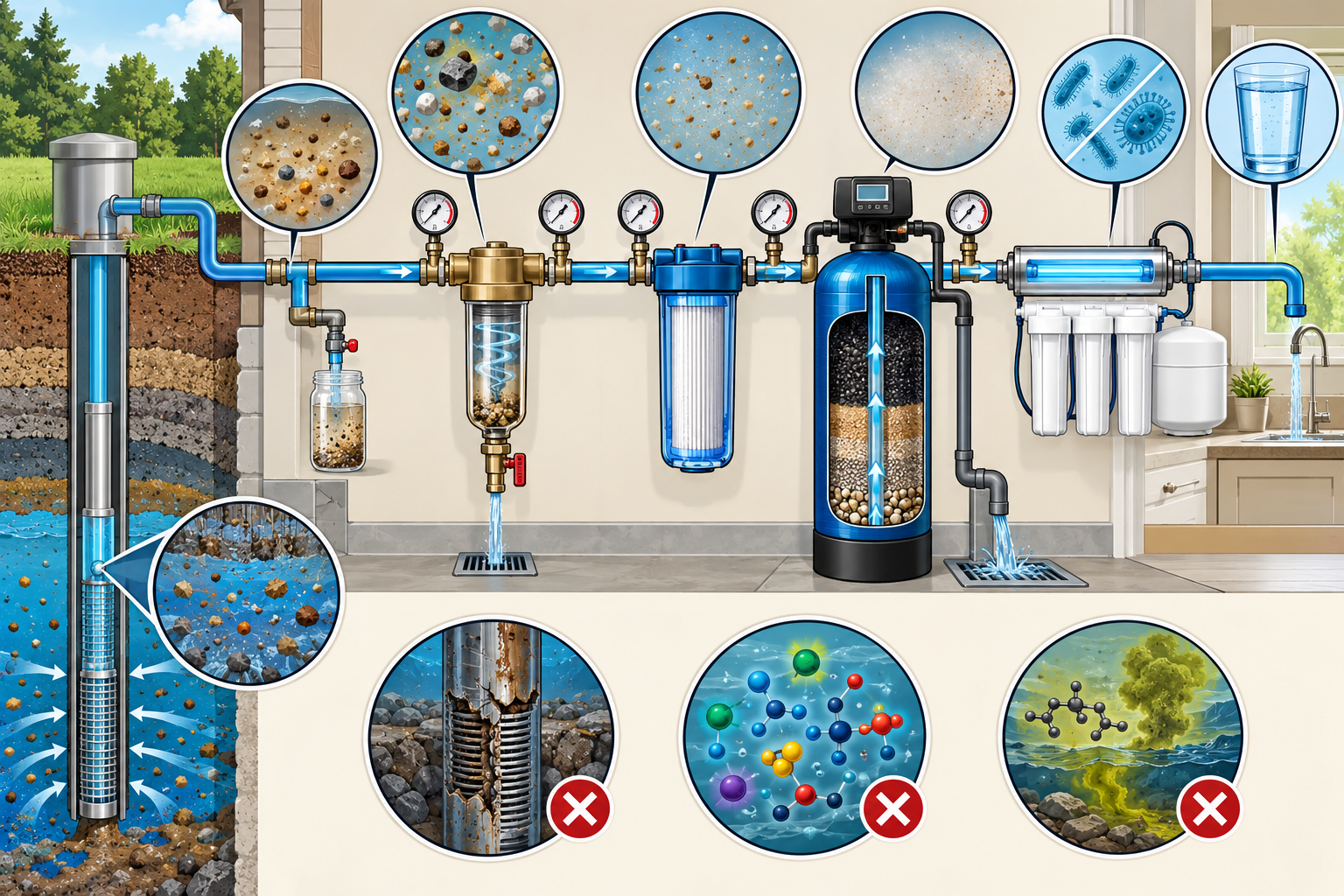 A source-check branch leads to distinct coarse spin-down, replaceable cartridge, or backwashing media filtration options, with pressure and downstream equipment considered.