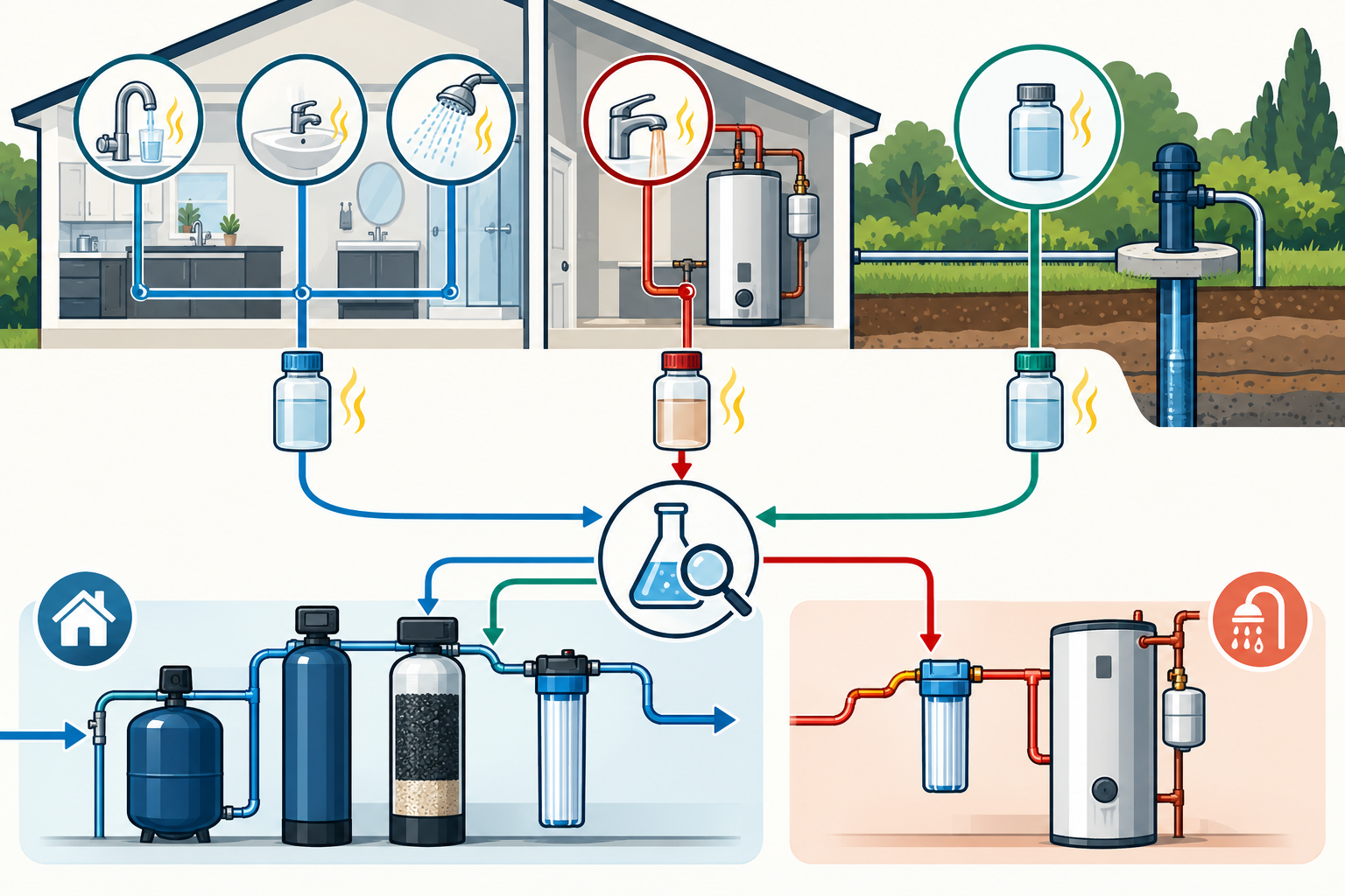 Separate cold-water, hot-water-only, and well-source diagnostic paths lead to testing before any chemistry-specific treatment is selected.