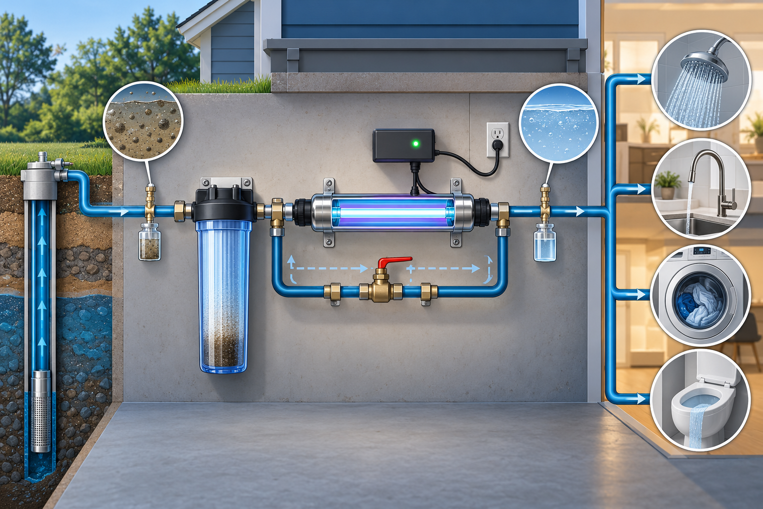 Whole-house water passes through appropriate clarity pretreatment and a powered UV chamber with monitoring before reaching household fixtures; inlet and outlet samples support verification.