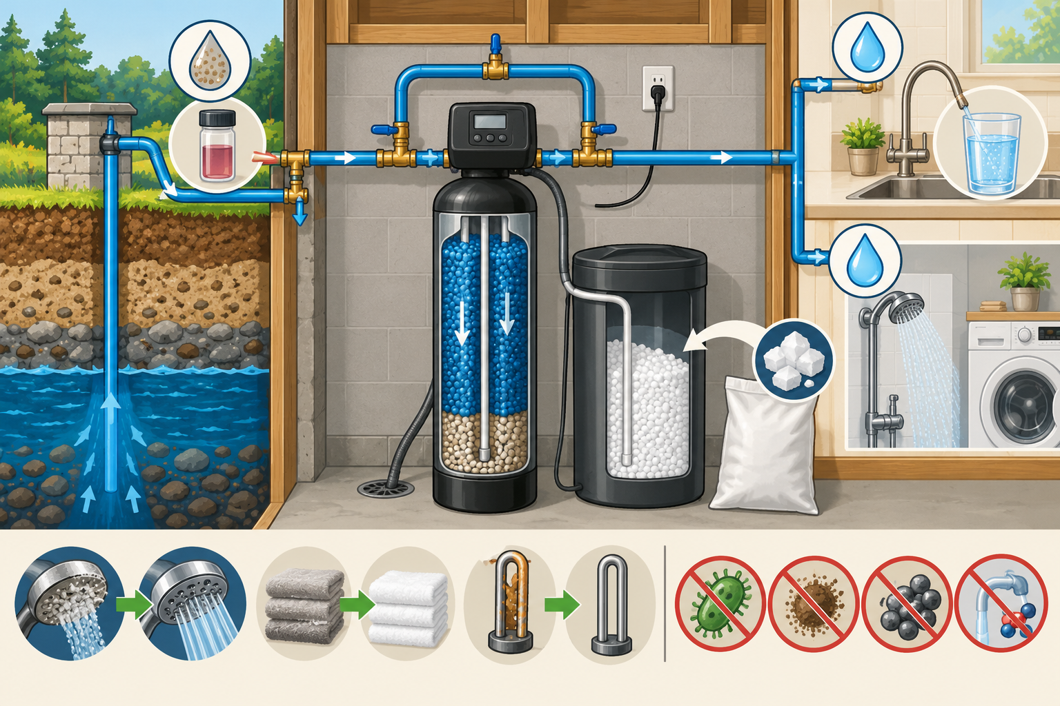 A hardness test precedes a softener resin tank, brine tank, bypass, drain, and power connection, with one selected drinking-water outlet bypassing treatment.