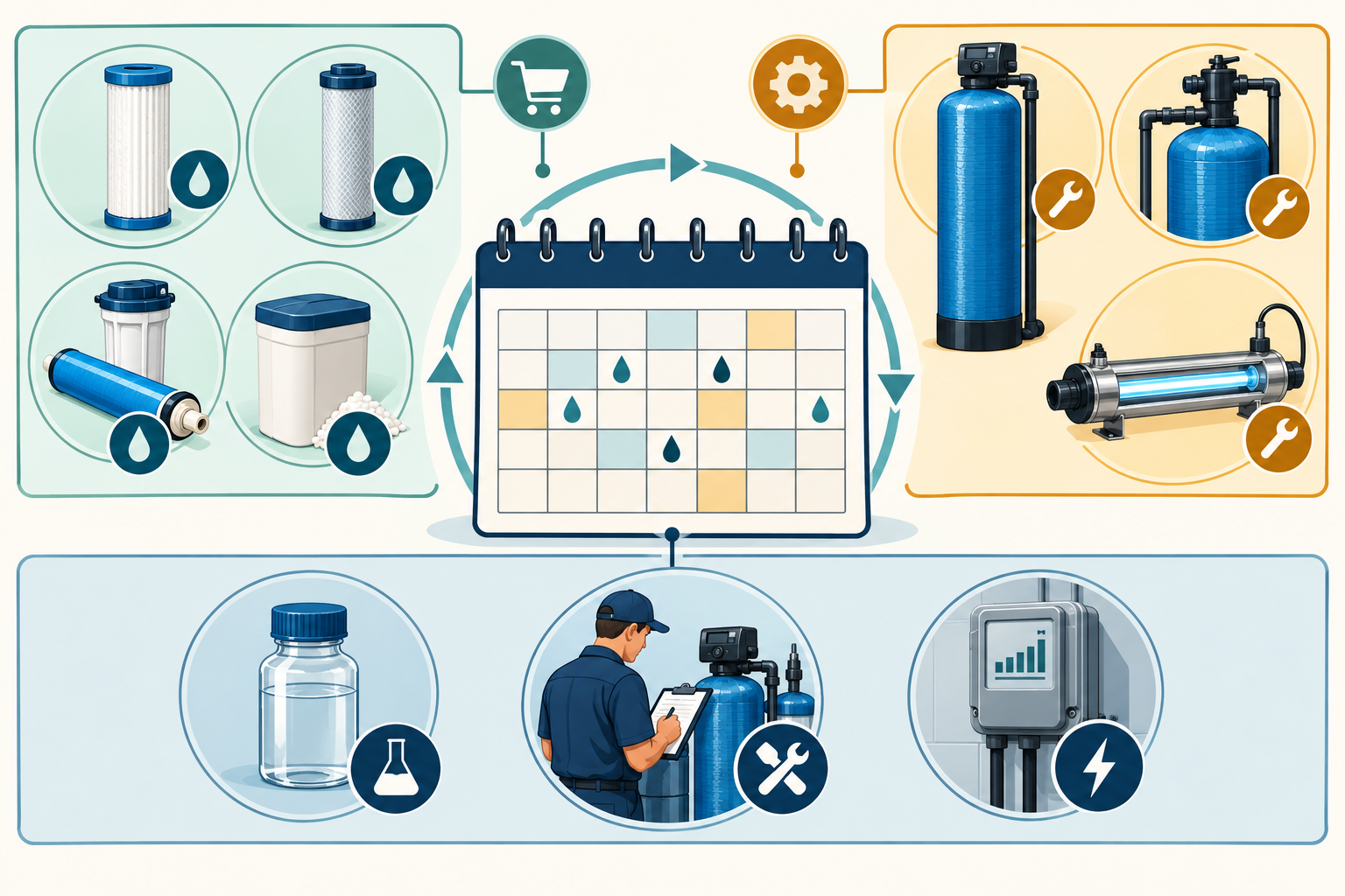 Treatment maintenance calendar elements include filter cartridges, salt and media, UV lamps and sleeves, RO membranes, testing, service, and major replacement reserves.