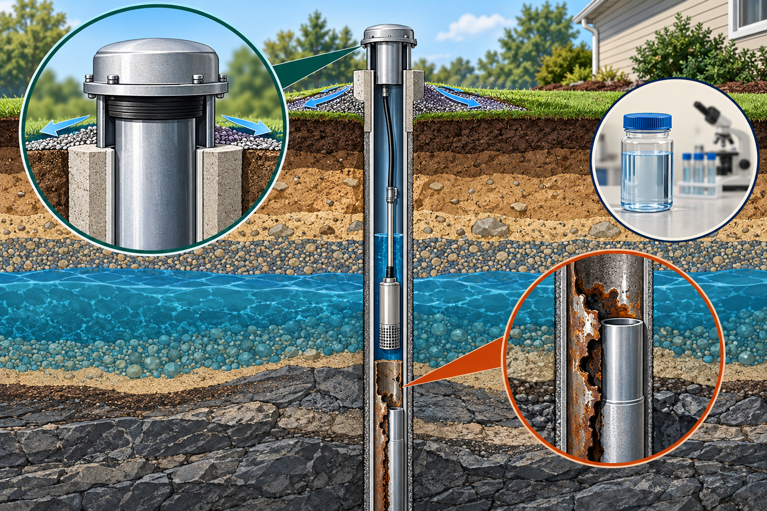 Cutaway comparison of an above-grade cap and seal correction with a deeper casing liner repair, alongside surface drainage and a separate water-quality sample.
