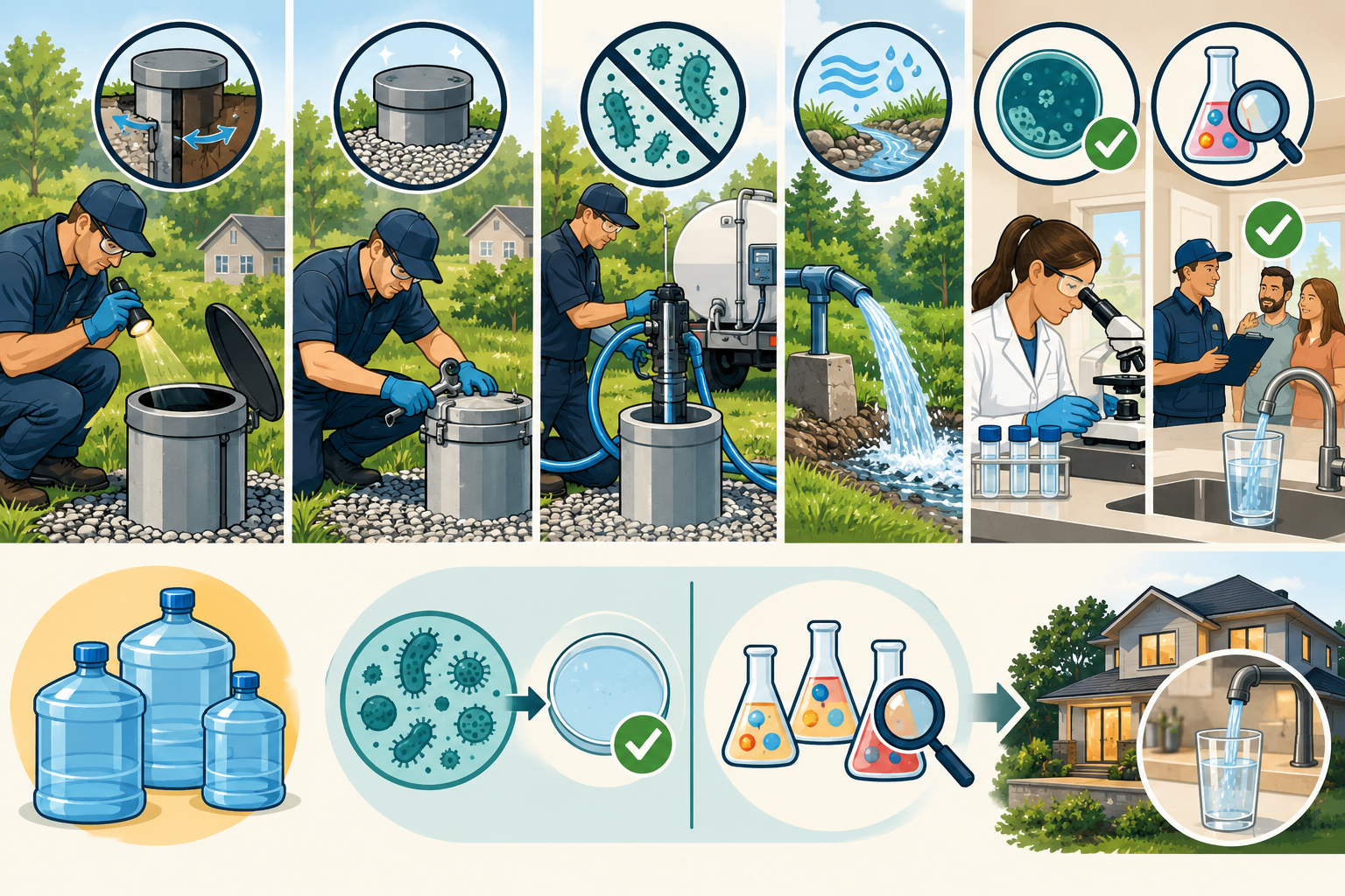 A high-level professional well response from source inspection and correction through disinfection, flushing, temporary water, and laboratory follow-up.