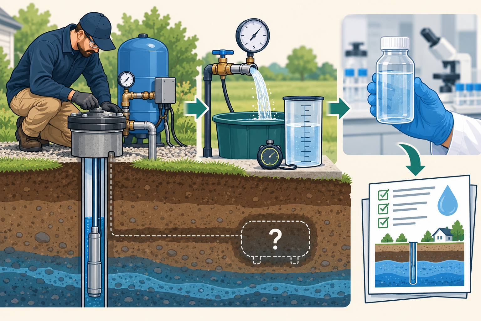 Three distinct parts of a well assessment: visible system inspection, a flow and recovery measurement, and separate laboratory water testing; hidden components may remain unknown.