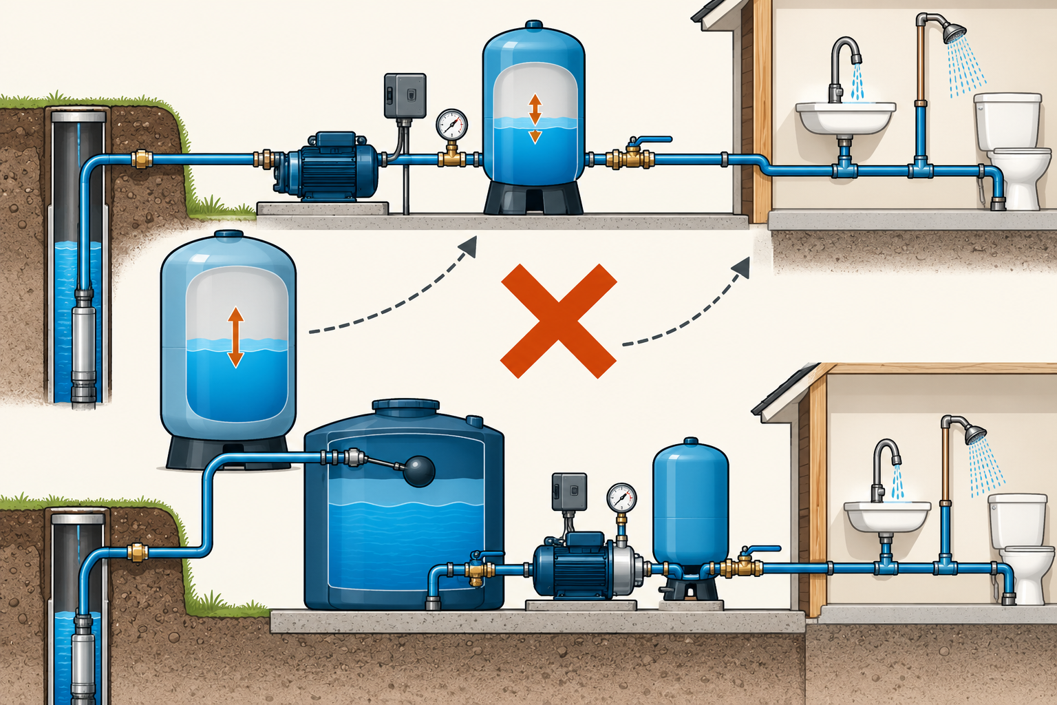 A pressure tank, pump, switch, and gauge compared with a separate bulk storage tank and booster, illustrating that pressure-tank drawdown is not well yield or household storage.