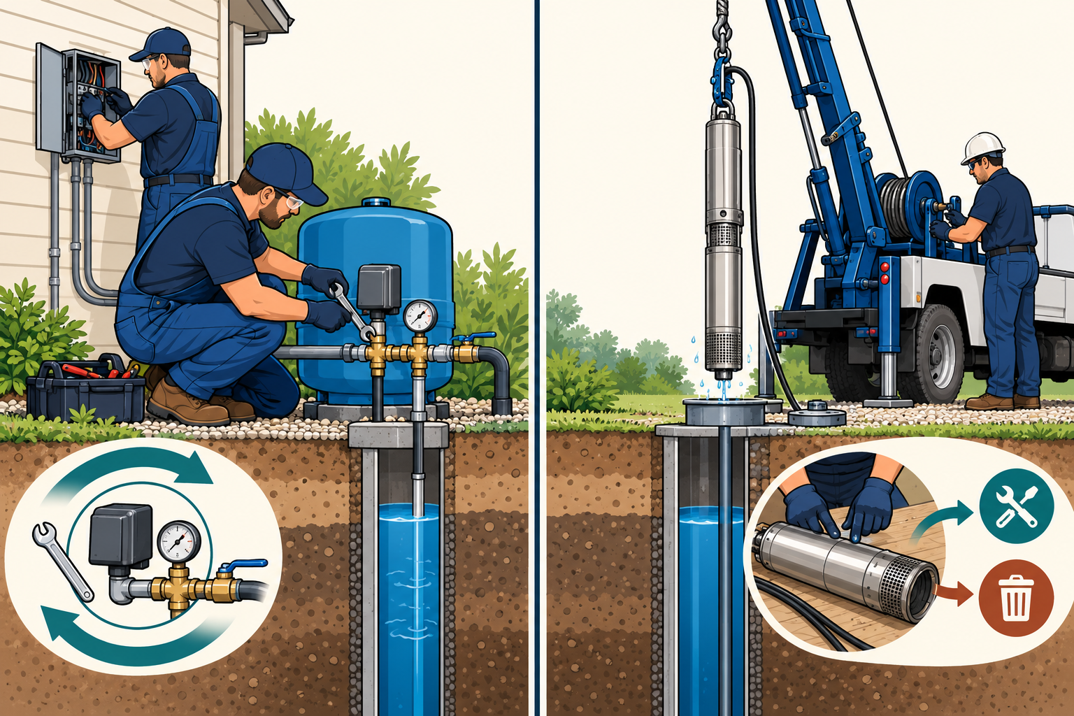 Comparison of a contained accessible repair with a deep pump pull, where the repair-versus-replacement decision depends on access and repeated labor.
