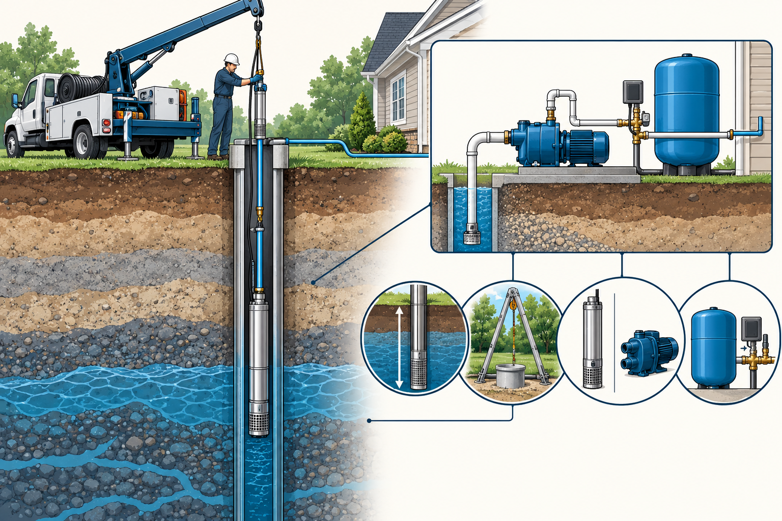 Cutaway of a deep submersible pump being pulled with drop pipe and cable, alongside a jet pump arrangement, showing why type, depth, access, and retained equipment affect replacement scope.