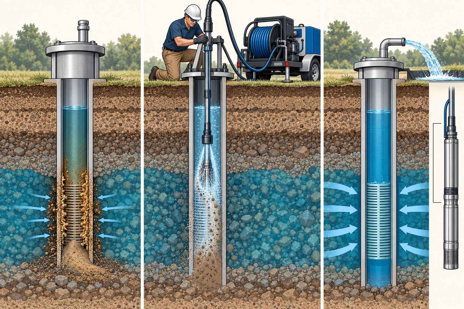 A restricted well screen before professional rehabilitation and a separate measured post-work flow and recovery check; the pump remains a distinct system component.