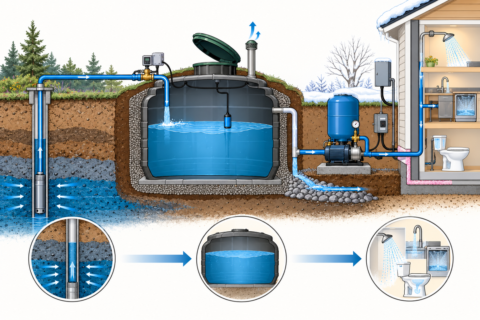 A low-yield well slowly filling a bulk storage tank, with controls and a separate booster and pressure system supplying the house during peak demand.