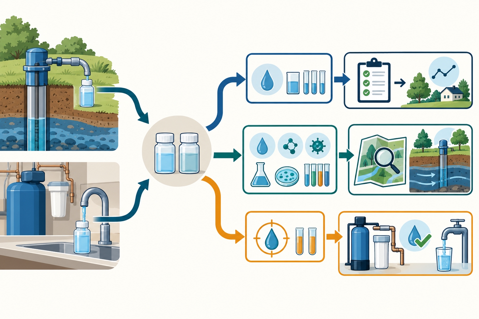 A decision path from routine, event-selected, or confirmatory private-well testing to monitoring, source assessment, or treatment verification; raw and treated sampling points answer different questions.
