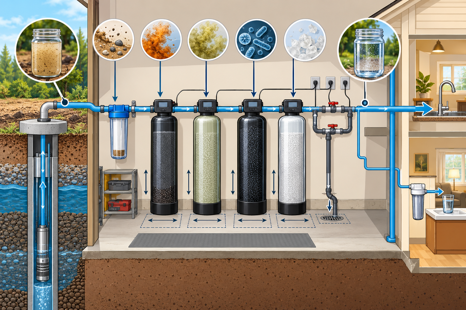 A treatment map from raw-water testing and source checks through selected treatment stages, service bypass and treated-water verification.