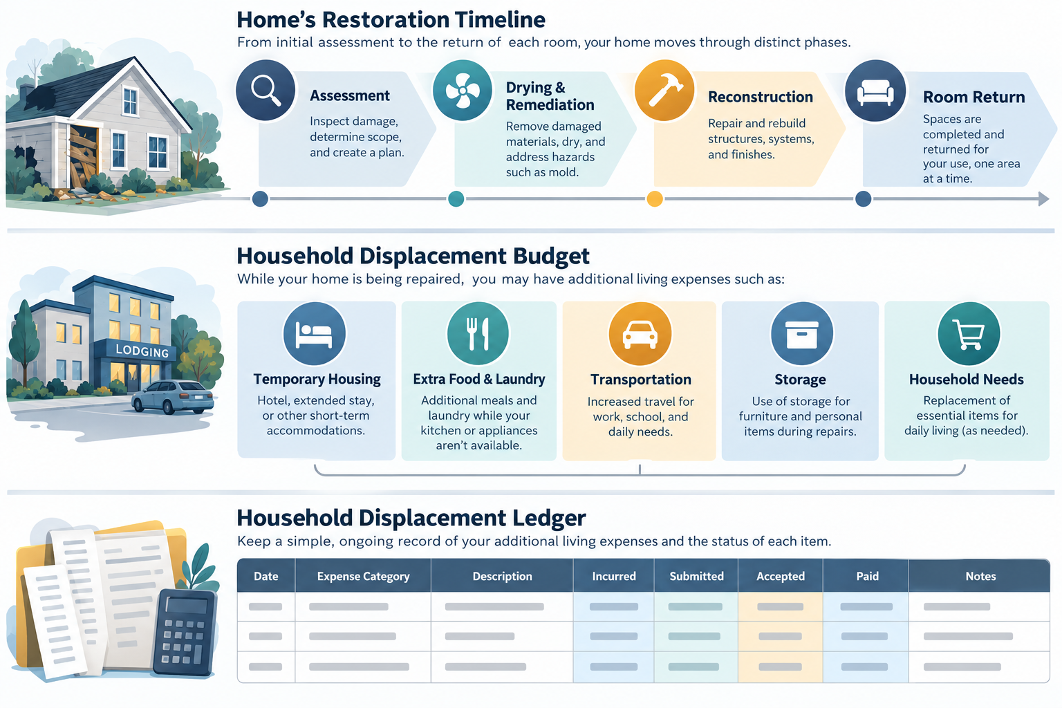 The home restoration timeline alongside a separate household displacement budget and an incurred, submitted, accepted, and paid expense ledger