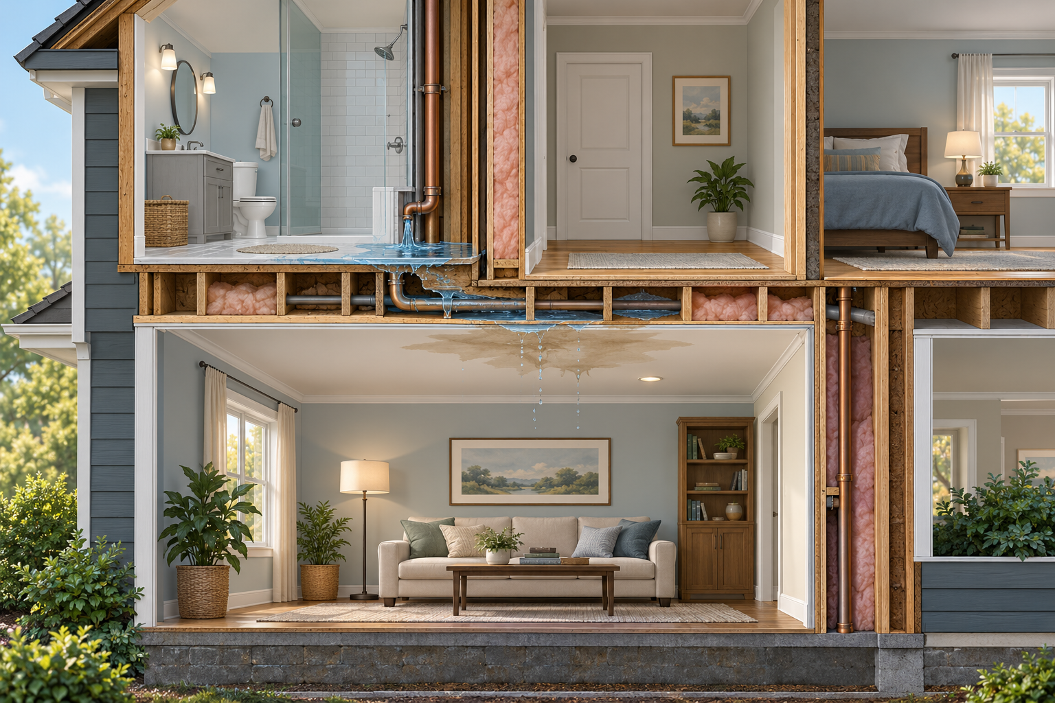 Cutaway illustration showing how a burst-pipe leak can travel through concealed assemblies into another room