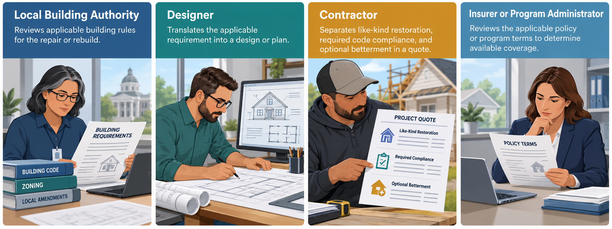 The authority, designer, contractor, and insurer each answer a separate code-upgrade or cost question