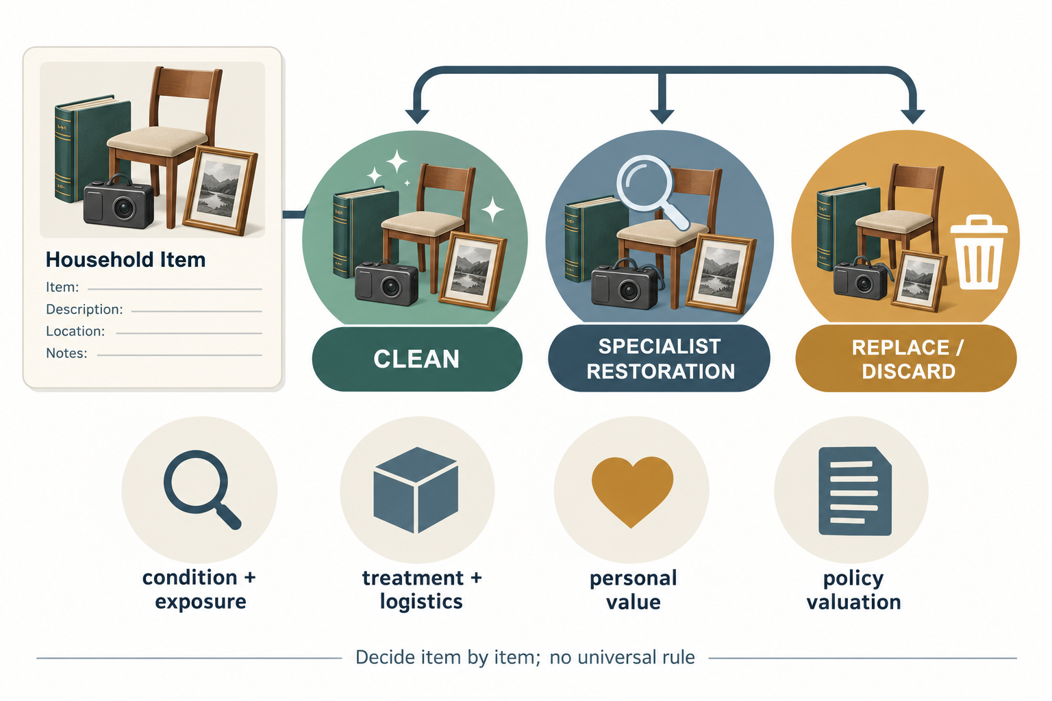 Item-by-item contents decisions shaped by condition, treatment logistics, personal value, and policy valuation