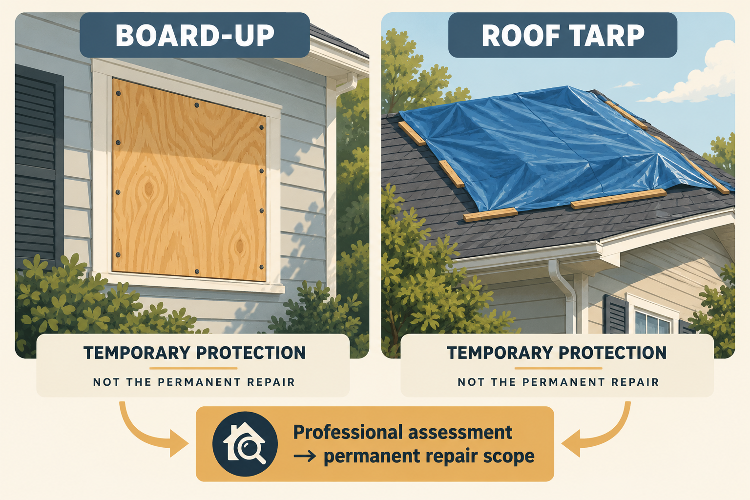 Temporary board-up and roof-tarp protection compared with the handoff to permanent repair assessment