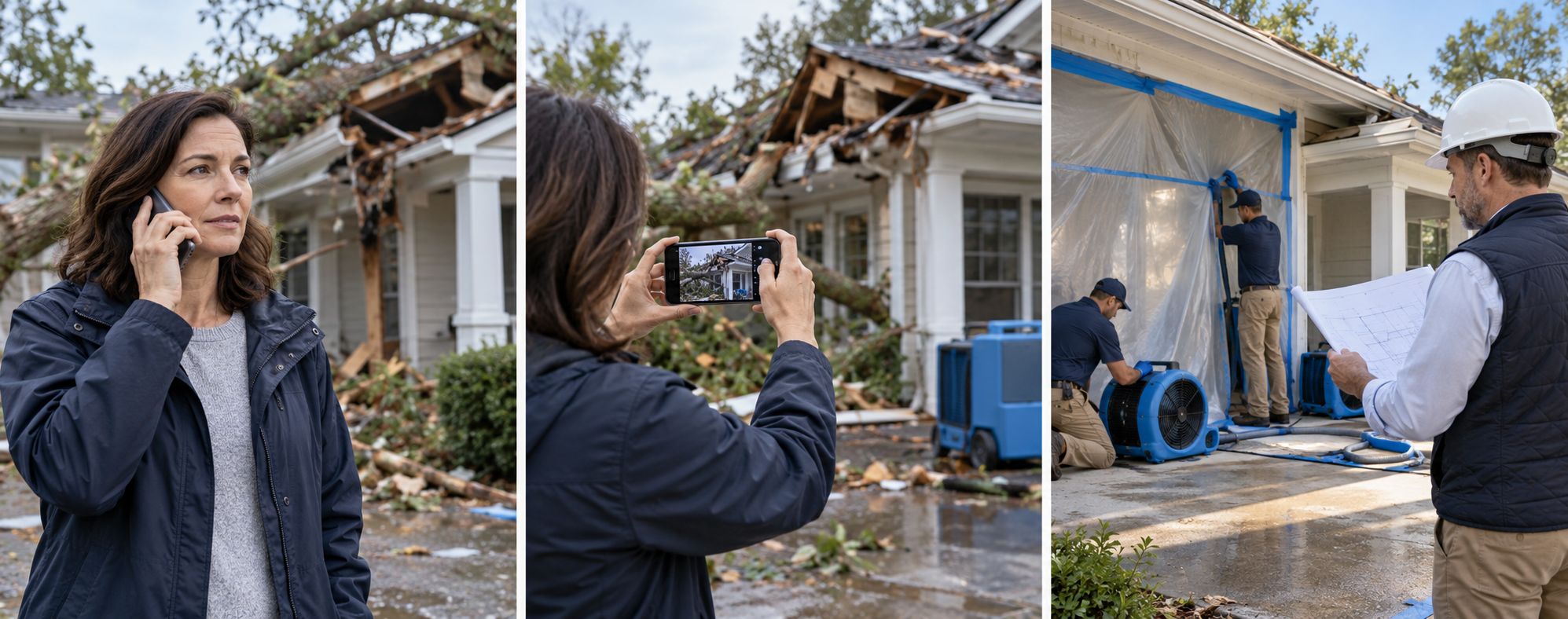 Safe sequence after a loss: call qualified help, document from a safe location, authorize bounded temporary mitigation, then assess permanent repairs