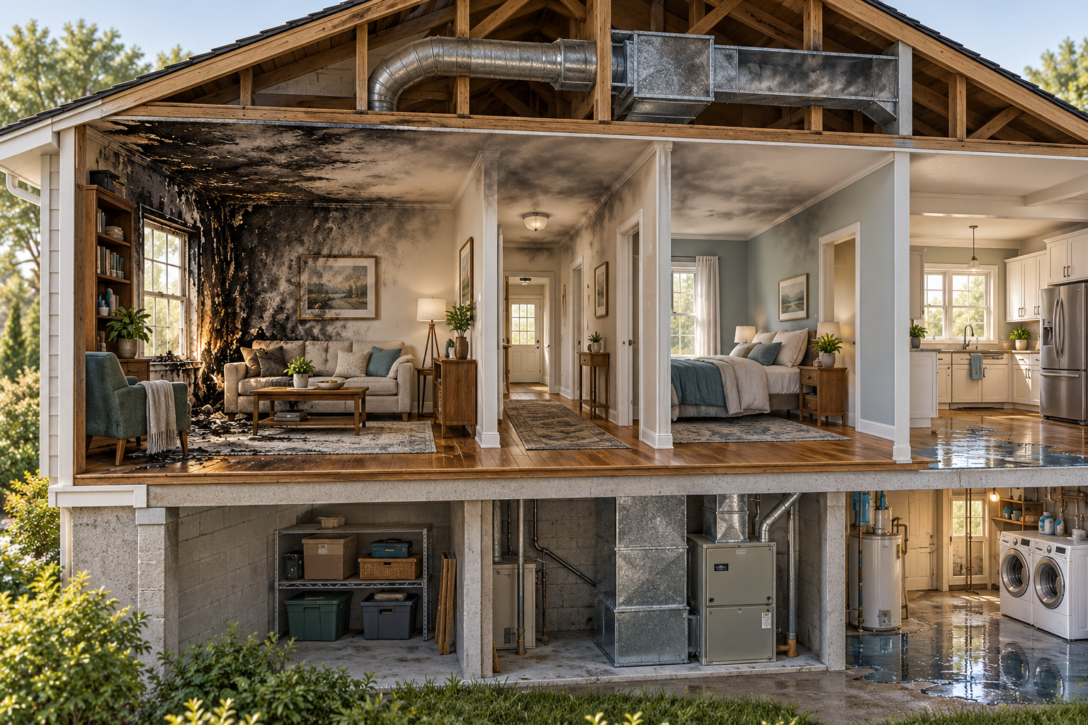 Cutaway illustration of localized fire damage, smoke residue beyond the burned room, suppression water, contents, and HVAC scope