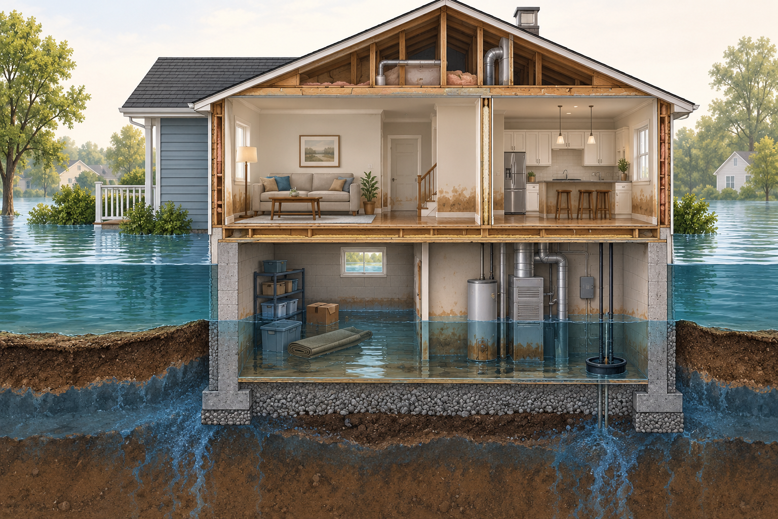 Cutaway view of external floodwater affecting a home and its lower-level assemblies