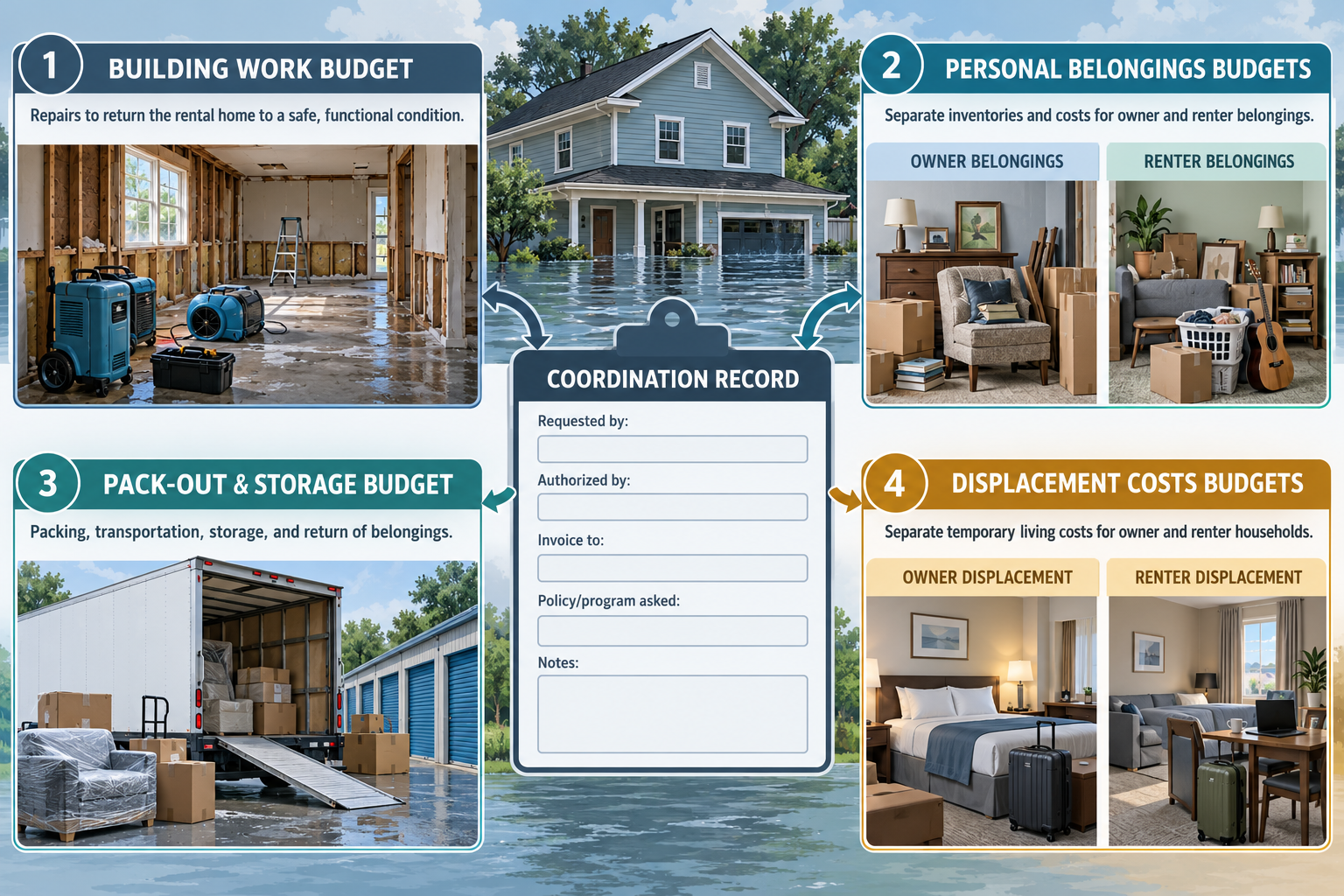 Four separate recovery budgets for a flooded rental home, with owner and renter inventories and displacement costs kept distinct