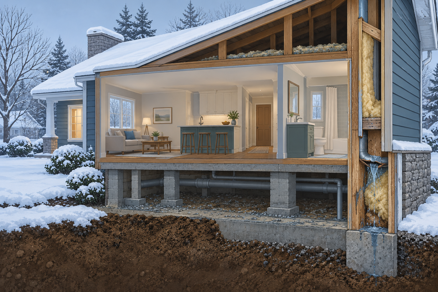 Winter cutaway illustration of a pipe failure in a cold exterior area and water reaching concealed home assemblies
