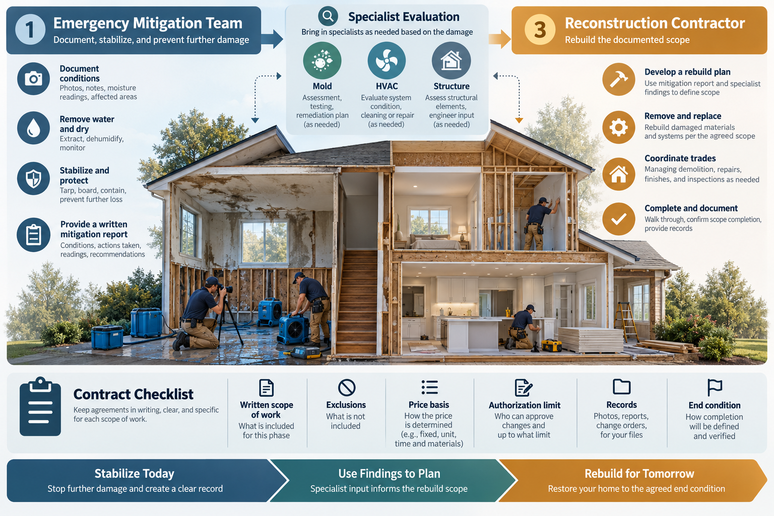 Emergency mitigation, specialist evaluation, and reconstruction shown as distinct responsibilities connected by written scope and handoff records