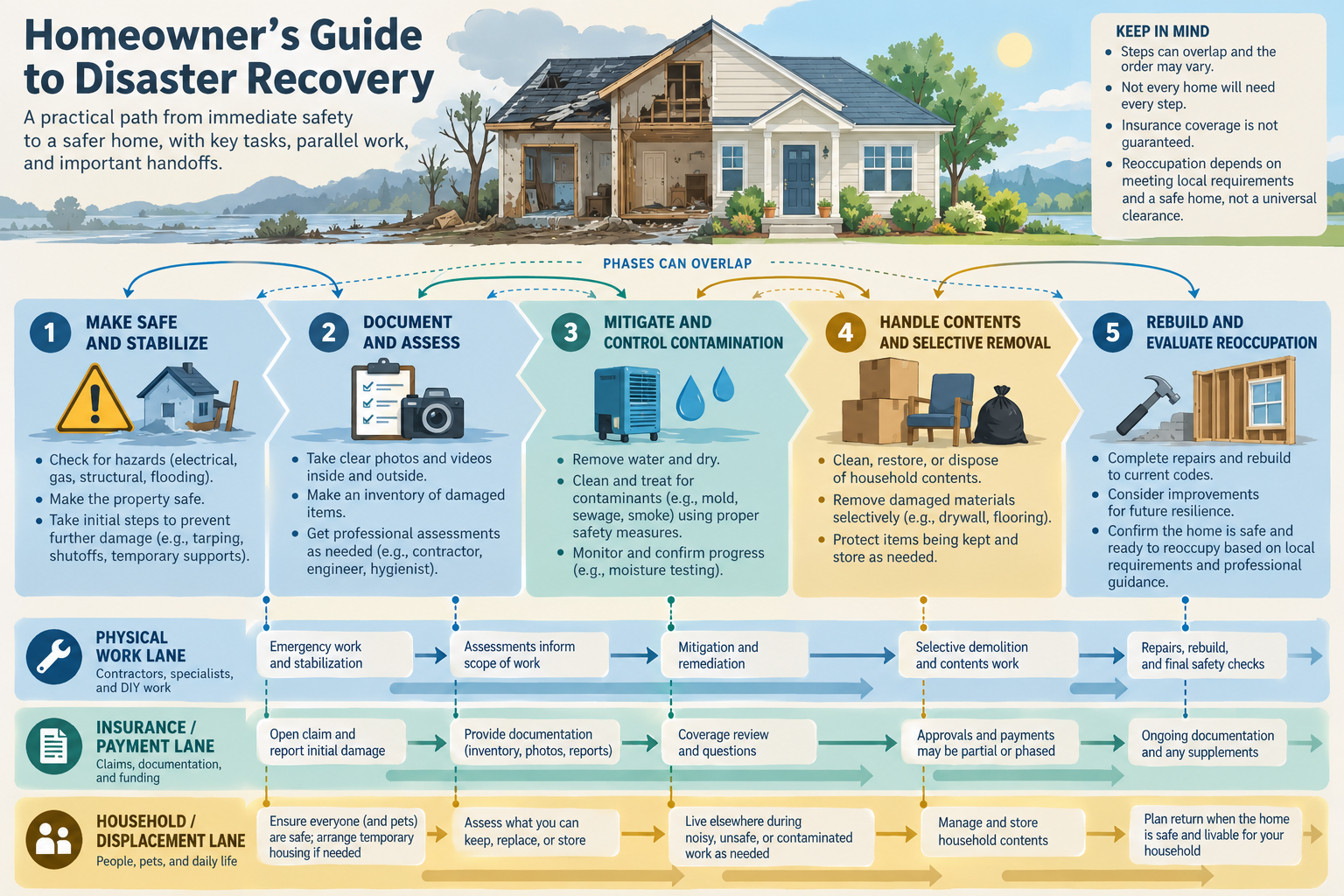 Illustrated recovery phases and parallel physical-work, insurance-payment, and household-displacement tracks