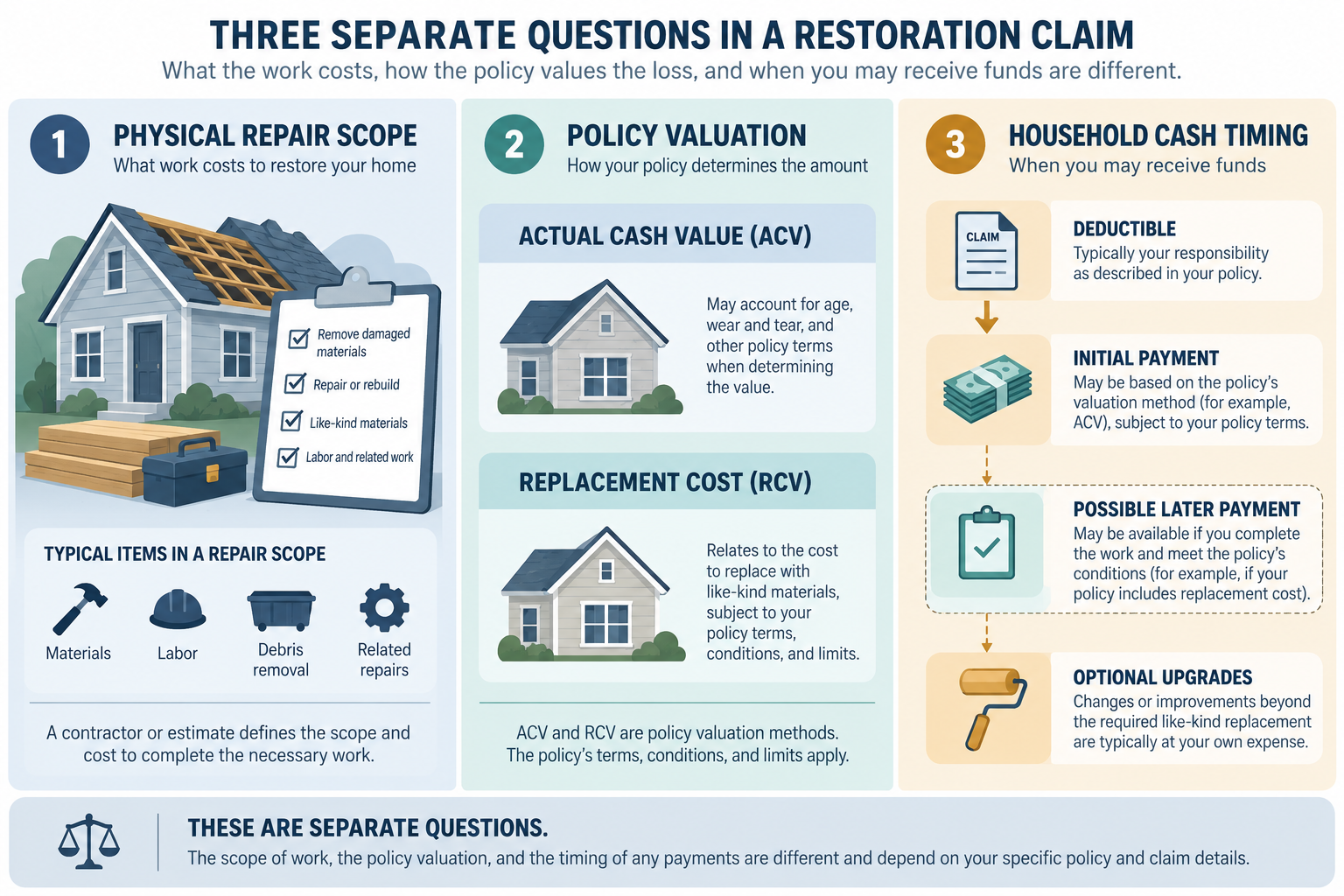 Physical repair scope, policy valuation, and household cash timing shown as separate questions in an ACV or replacement-cost claim