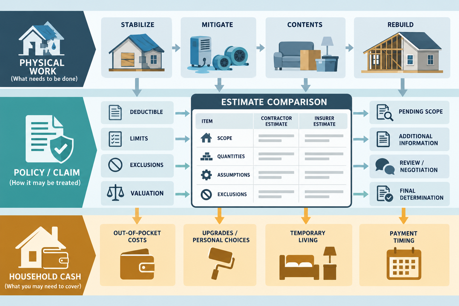 Physical restoration work, policy claim questions, and household cash needs shown as connected but separate budget lanes
