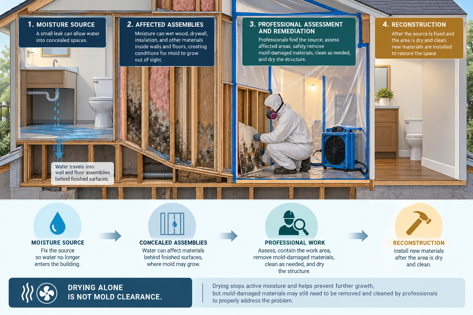 A moisture source can affect concealed assemblies and lead to professional assessment, remediation, and reconstruction; drying alone is not mold clearance