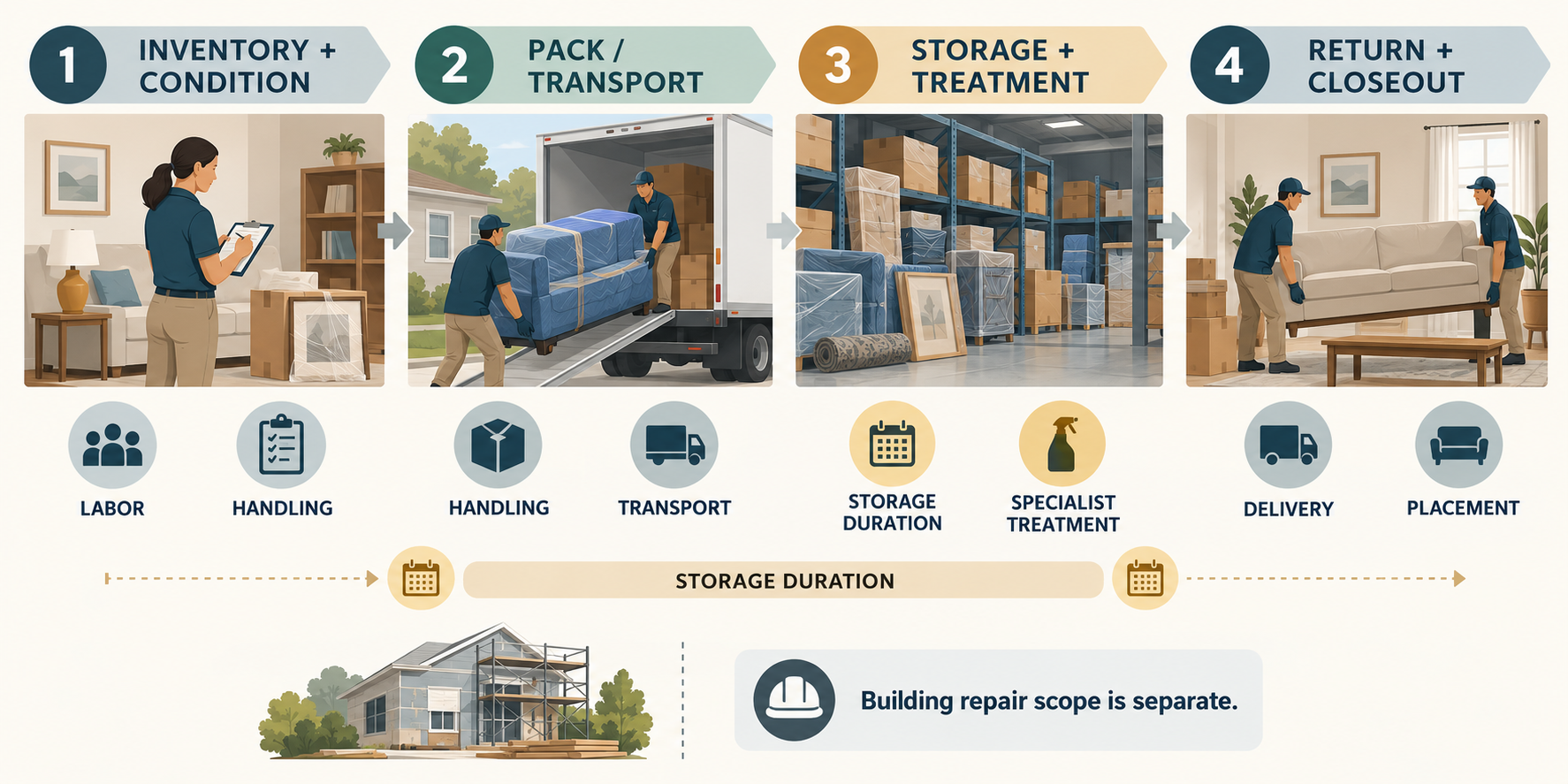 Pack-out, storage, treatment, and pack-back stages with storage duration separated from building repair