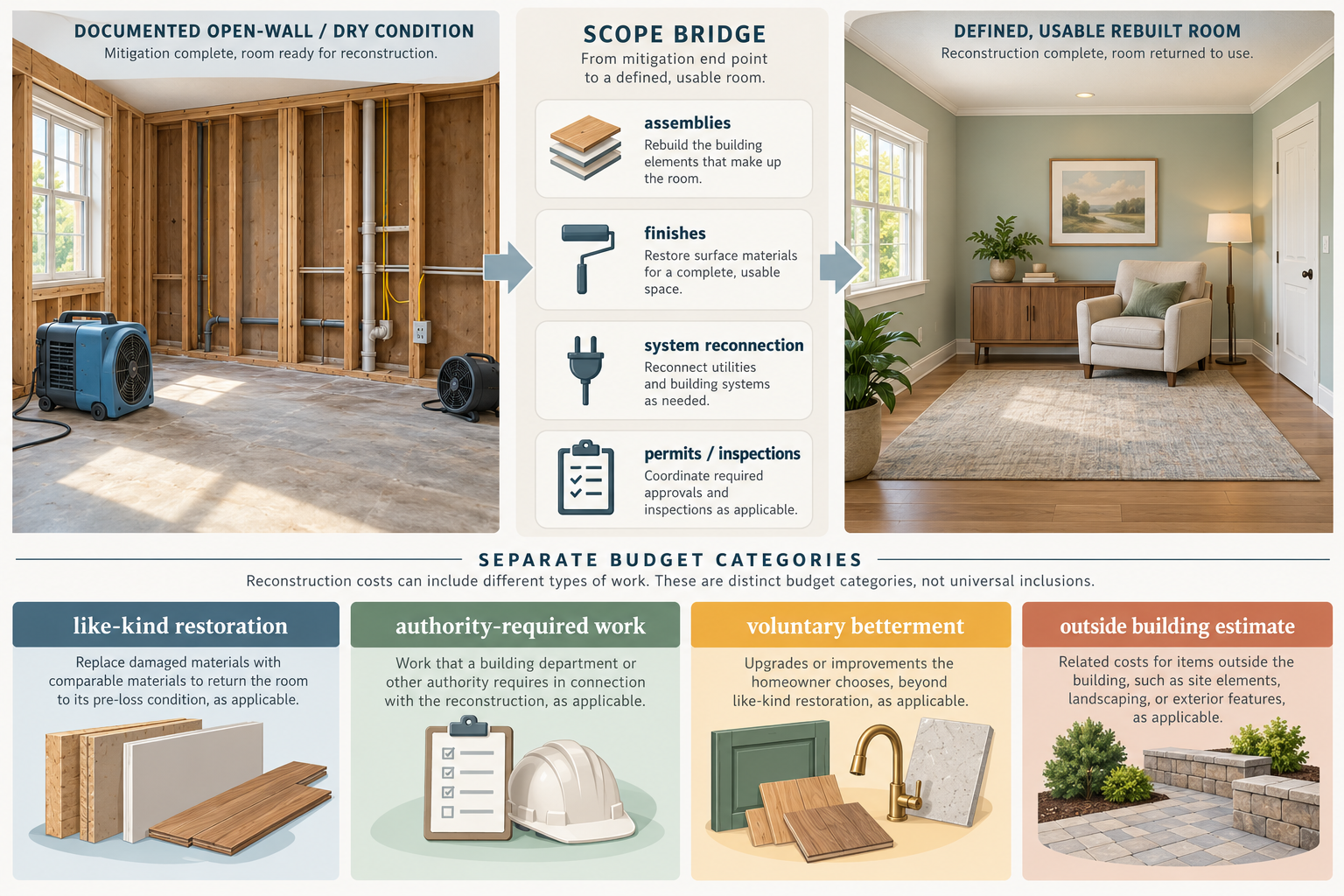 Reconstruction from a documented open-wall condition to a usable rebuilt room, with separate categories for like-kind restoration, required work, voluntary improvements, and costs outside the building estimate