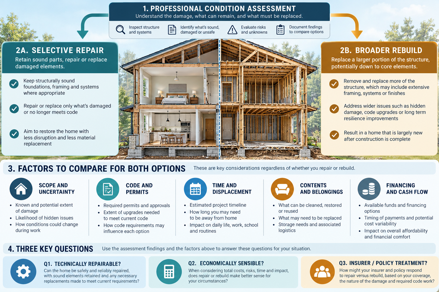 A condition assessment leads to parallel repair and rebuild paths, compared on scope, code, time, displacement, contents, financing, and insurer treatment