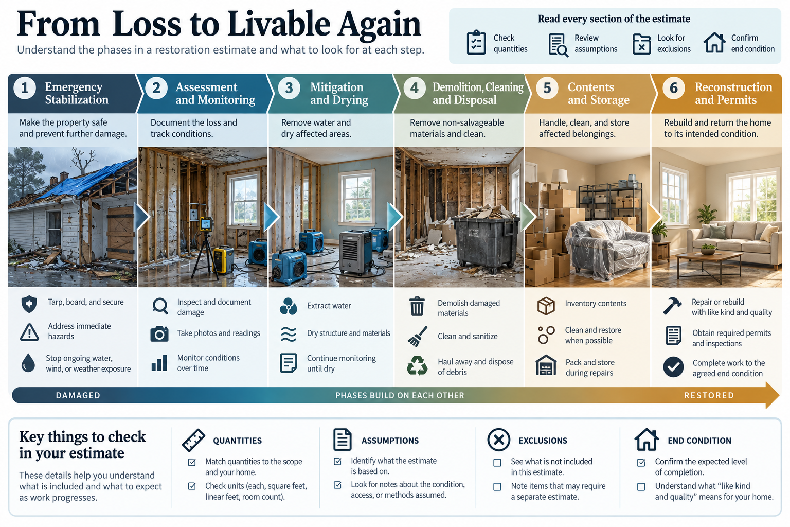 A restoration estimate read in six phases, from emergency stabilization to reconstruction, with quantities, assumptions, exclusions, and end condition called out