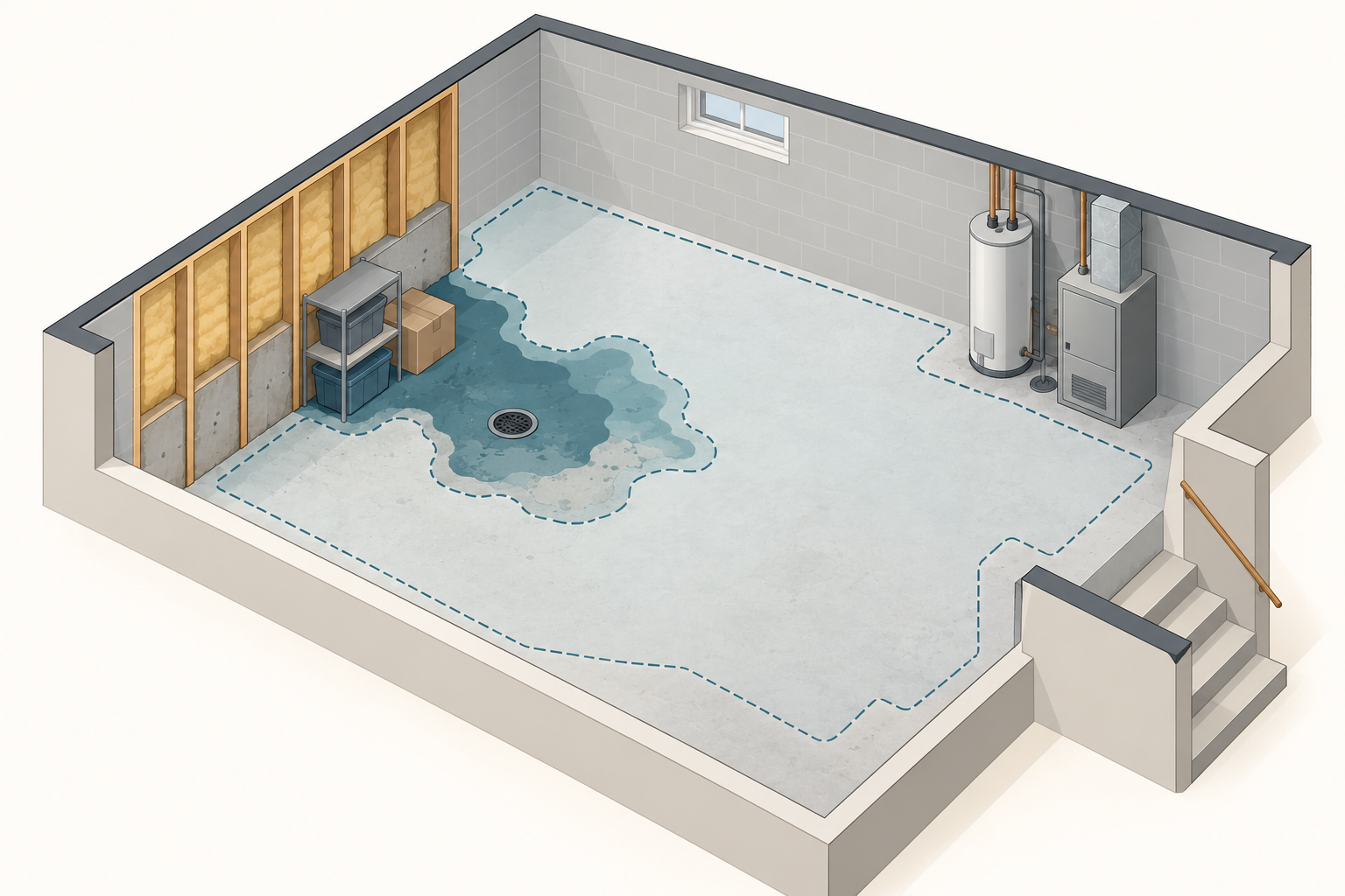 Conceptual basement diagram showing visible water and a wider possible assessment boundary